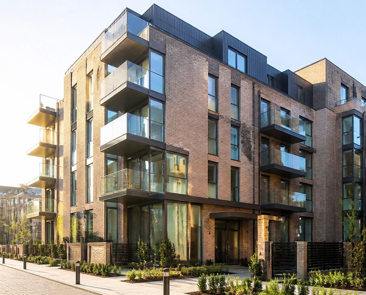 A newly completed apartment development, still to be handed over to its buyers
