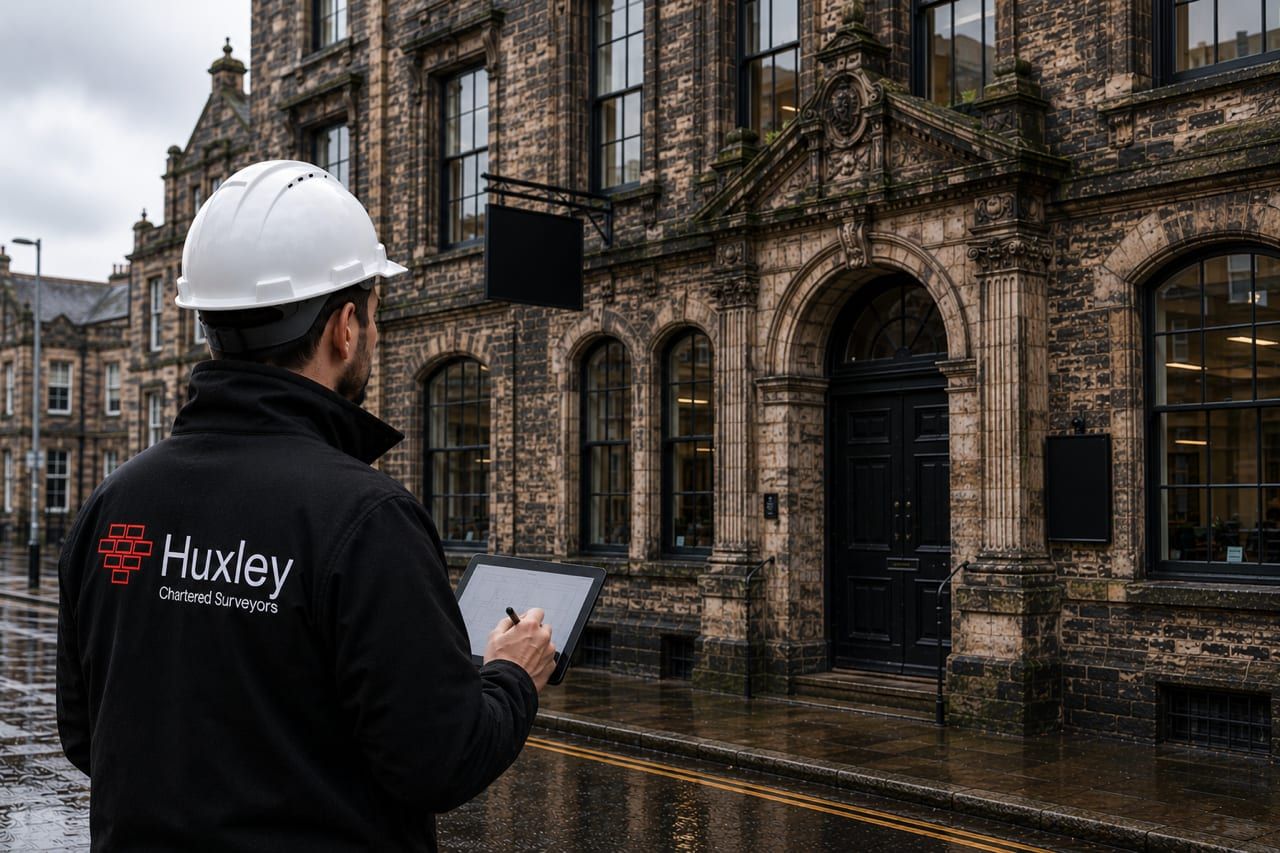 A Huxley Surveyors surveyor in a hard hat inspecting a stone commercial building