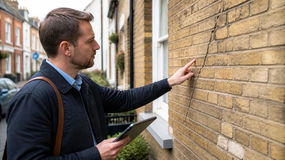 A surveyor examining a crack running through the brickwork of a terraced house
