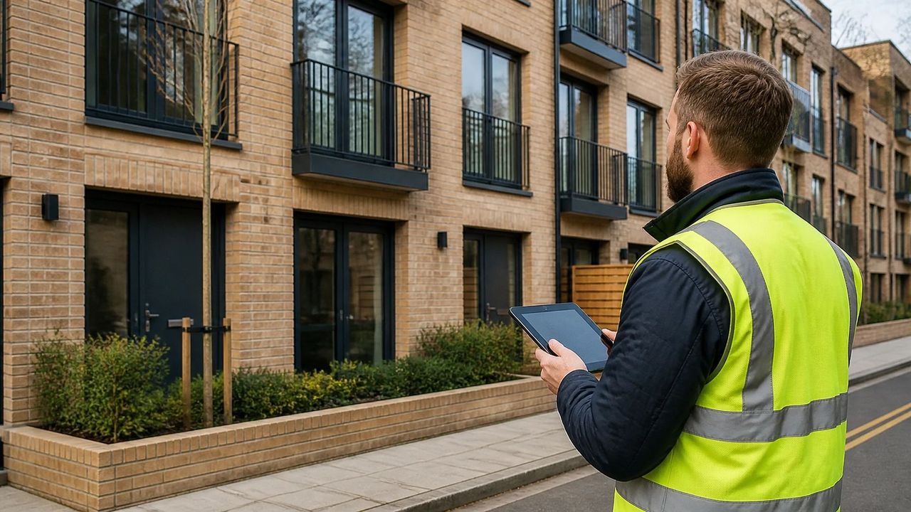 A surveyor recording findings on a tablet outside a house during a Level 2 survey