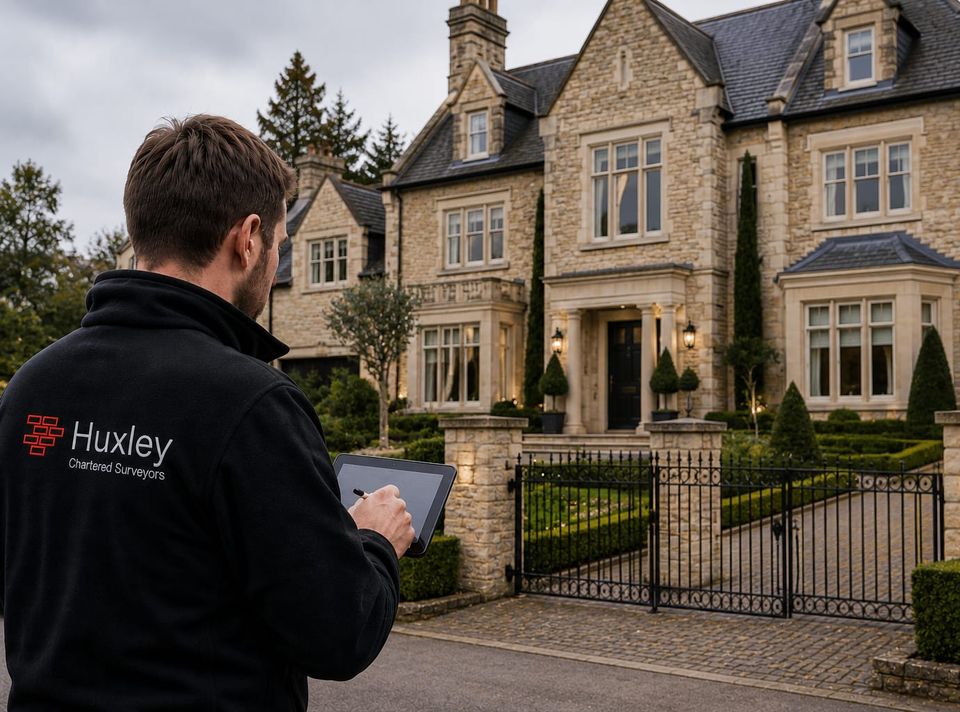 A Huxley Surveyors surveyor recording findings on a tablet outside a house