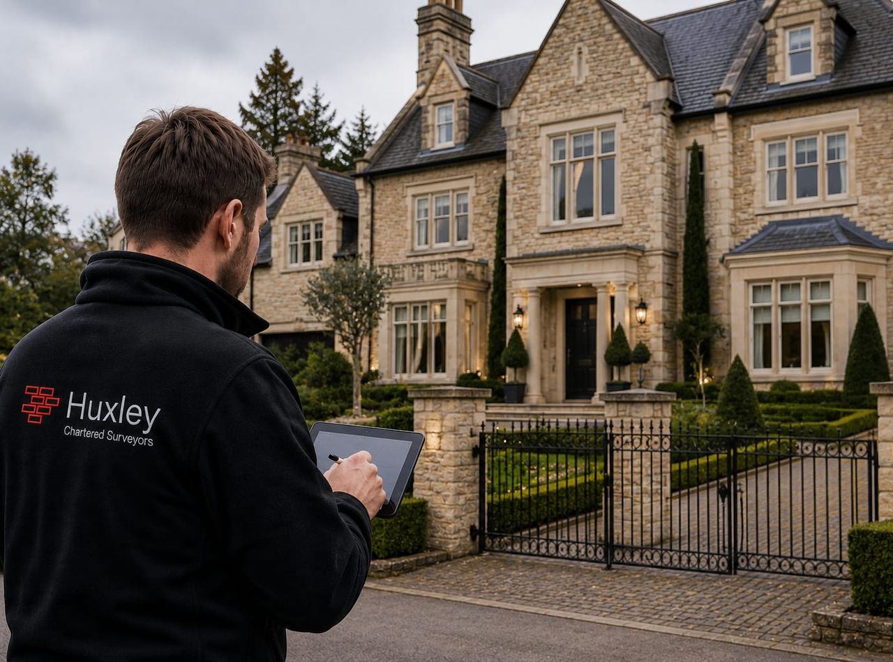 A Huxley Surveyors surveyor recording findings on a tablet outside a house